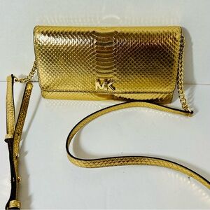 Michael Kors Faux Python Embossed Gold Tone Fulton Flap Continental Wallet NWT